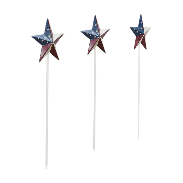 Painted Metal American Flag Theme Star on Pick Set of 3 12x3.5