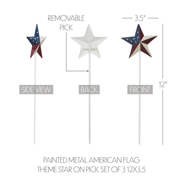 Painted Metal American Flag Theme Star on Pick Set of 3 12x3.5