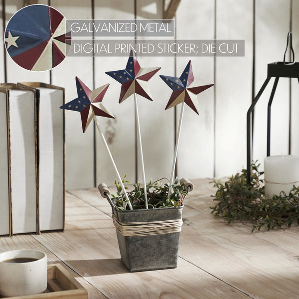 Painted Metal American Flag Theme Star on Pick Set of 3 12x3.5