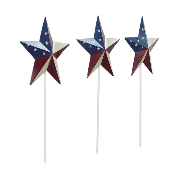 Painted Metal American Flag Theme Star on Pick Set of 3 12x5.5