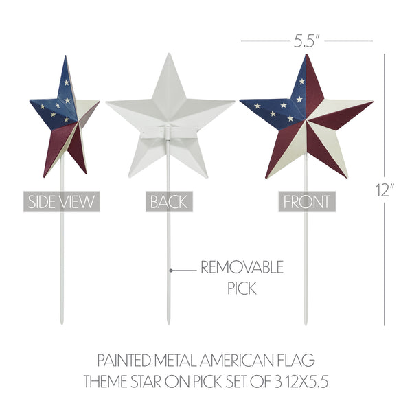 Painted Metal American Flag Theme Star on Pick Set of 3 12x5.5