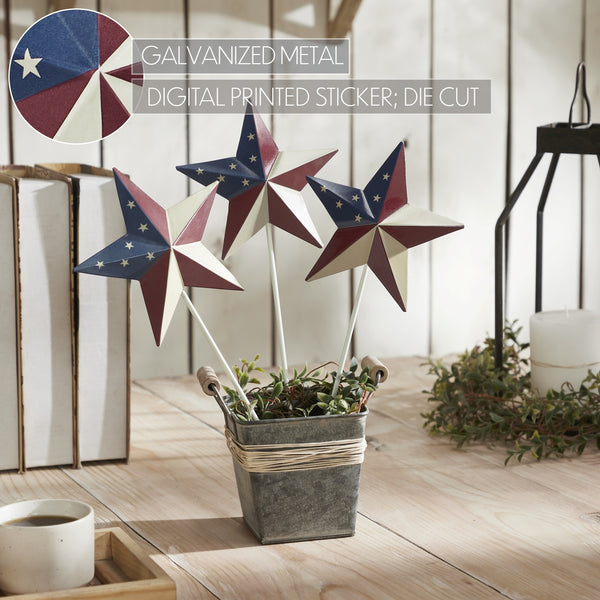 Painted Metal American Flag Theme Star on Pick Set of 3 12x5.5