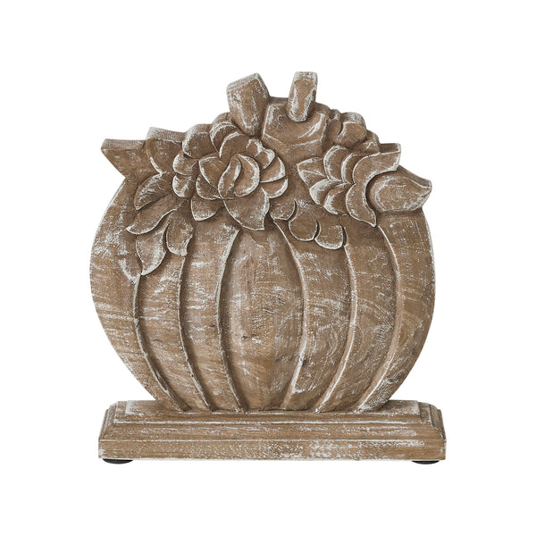 Rustic Farmhouse Carved Wooden Floral Crown Pumpkin Autumn Fall Harvest Tabletop Decor 8.5x8x2 Inch