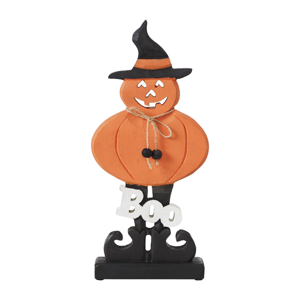Boo Wooden Jack O Lantern Halloween Fall Seasonal Decor Rustic Carved Wood Tabletop Accent 15.5 H x 7.25 W x 2 D