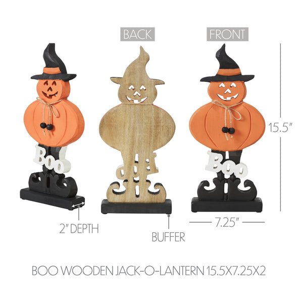 Boo Wooden Jack O Lantern Halloween Fall Seasonal Decor Rustic Carved Wood Tabletop Accent 15.5 H x 7.25 W x 2 D