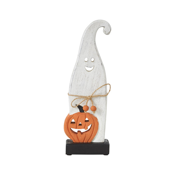 Whimsical Wooden Jack O Lantern Ghost Tabletop Decor Figurine Festive Fall Halloween Accent 12.5inch