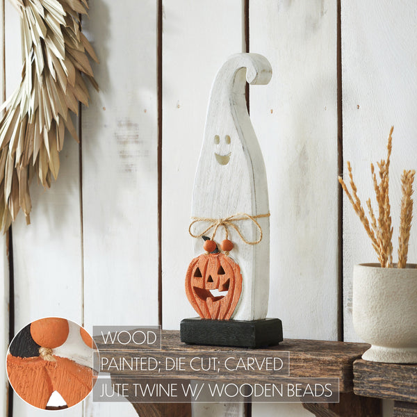 Whimsical Wooden Jack O Lantern Ghost Tabletop Decor Figurine Festive Fall Halloween Accent 12.5inch