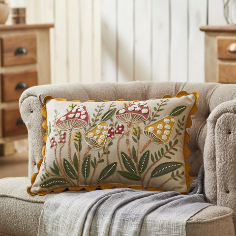 Embroidered Woodland Mushrooms Pillow 14x20