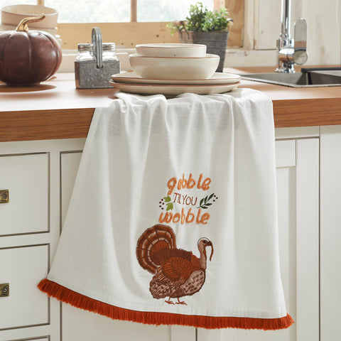 Festive Thanksgiving Gobble Til You Wobble Cotton Kitchen Dish Towel 19x28 Absorbent Fall Decor