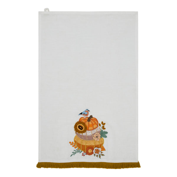 Fall Harvest Pumpkin Floral Cotton Kitchen Tea Towel 19x28, Decorative Dish Towel