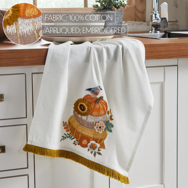 Fall Harvest Pumpkin Floral Cotton Kitchen Tea Towel 19x28, Decorative Dish Towel