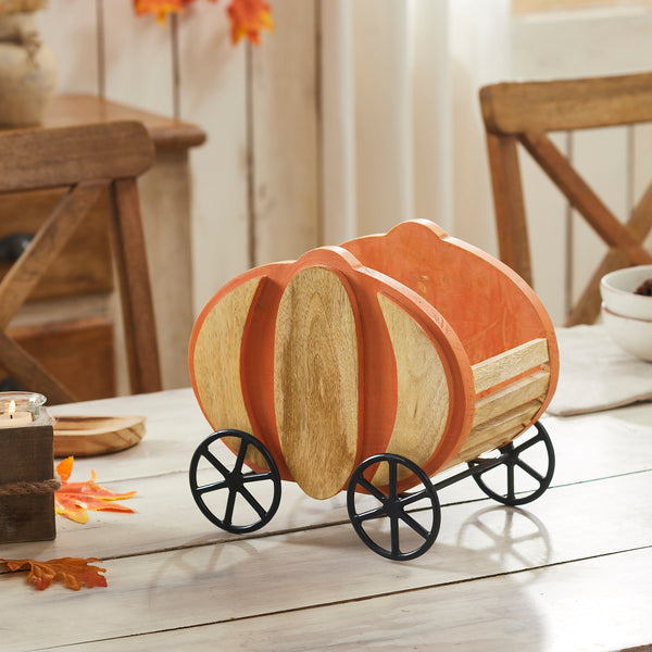 Wooden Pumpkin Carriage w/ Iron Wheels Decor 11x8x9.75