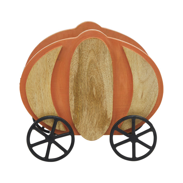 Rustic Wooden Pumpkin Carriage with Iron Wheels Fall Harvest Farmhouse Tabletop Accent Decor 11 Tall