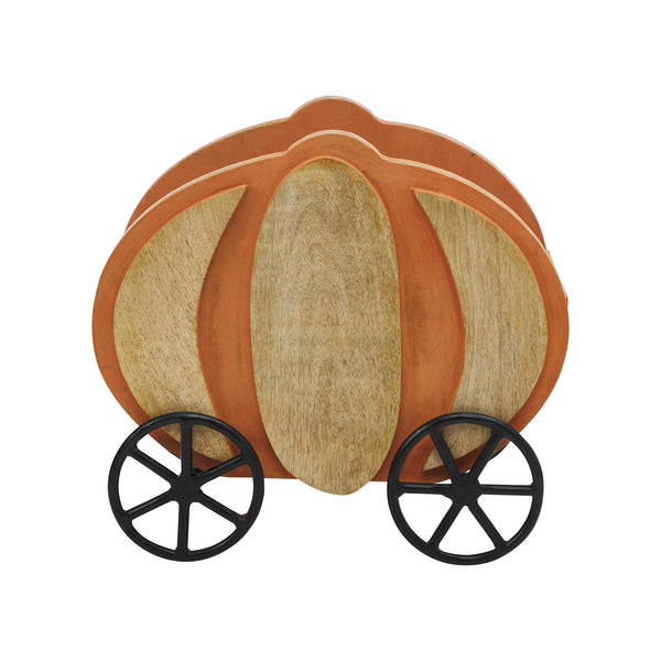 Rustic Wooden Pumpkin Carriage with Iron Wheels Fall Harvest Farmhouse Tabletop Accent Decor 11 Tall