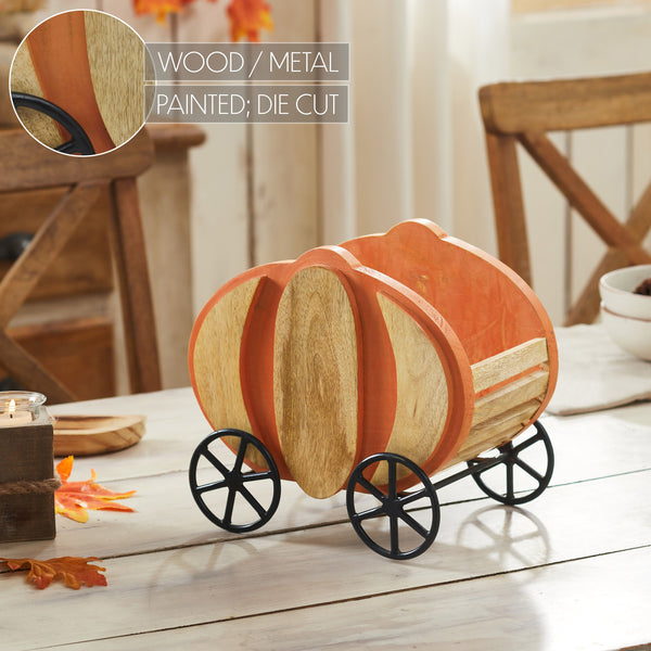 Rustic Wooden Pumpkin Carriage with Iron Wheels Fall Harvest Farmhouse Tabletop Accent Decor 11 Tall