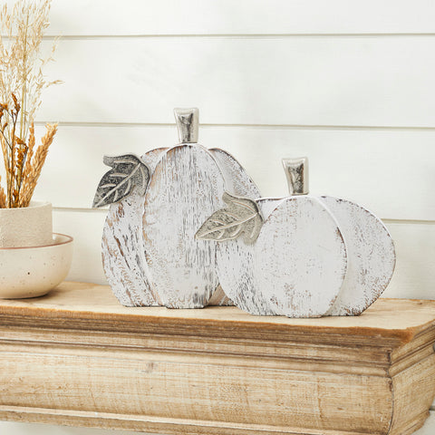 White Wash Farmhouse Wooden Pumpkin Set of 2 - 7 and 9 inch