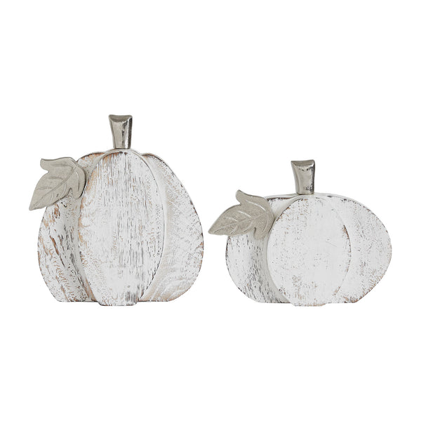 Farmhouse White Wash Wooden Pumpkin Set (2Piece, 7 & 9 inches) Rustic Autumn Fall Harvest Home Decor