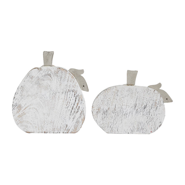 Farmhouse White Wash Wooden Pumpkin Set (2Piece, 7 & 9 inches) Rustic Autumn Fall Harvest Home Decor