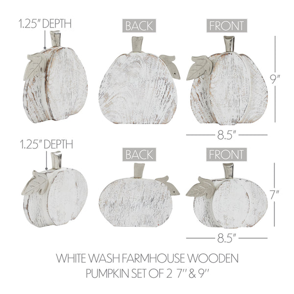 Farmhouse White Wash Wooden Pumpkin Set (2Piece, 7 & 9 inches) Rustic Autumn Fall Harvest Home Decor