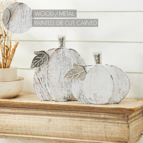 Farmhouse White Wash Wooden Pumpkin Set (2Piece, 7 & 9 inches) Rustic Autumn Fall Harvest Home Decor