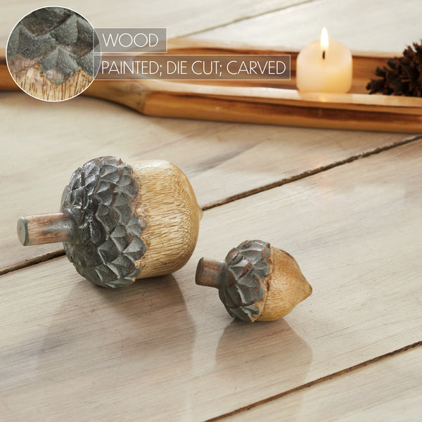 Natural Wood Acorn Decor Set of 2 Rustic Fall Tabletop Accents & Autumn Home Decorations, 2.75 & 4.5 Figurines
