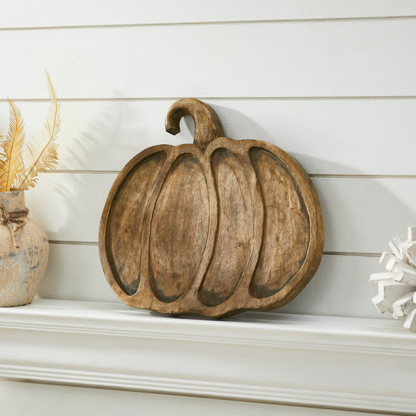 Dark Wooden Pumpkin Decorative Tray 12x13.75x1