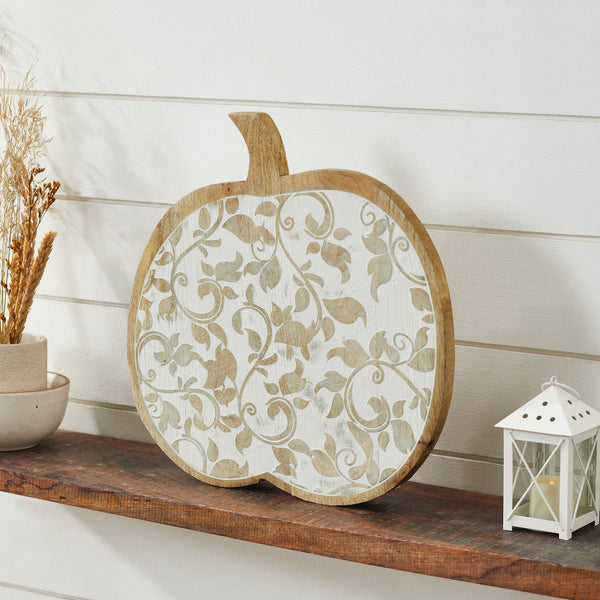 White Wash Wooden Carved Vine Pumpkin 14x14x1.5