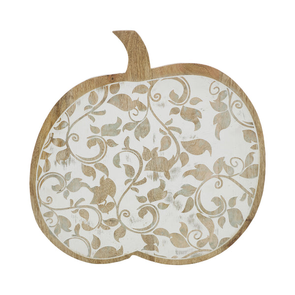 Whitewash Wood Carved Vine Pumpkin Fall Harvest Tabletop Decor 14x14x1.5 Inch