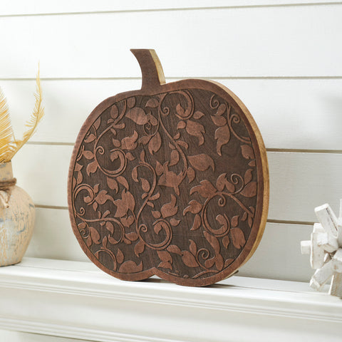 Dark Wooden Carved Vine Pumpkin 14x14x1.5