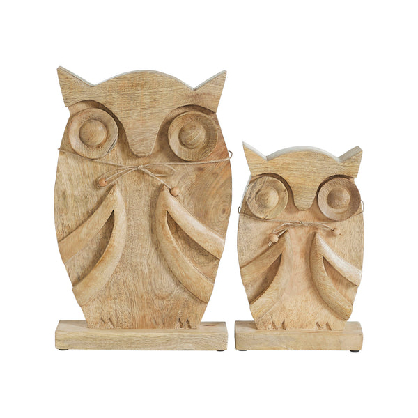 Natural Wooden Owl Decor Statues, Hand Carved Solid Wood Figurines, Set of 2 Rustic Farmhouse Home Accents (9.75 inch & 13.25 inch)