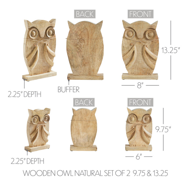 Natural Wooden Owl Decor Statues, Hand Carved Solid Wood Figurines, Set of 2 Rustic Farmhouse Home Accents (9.75 inch & 13.25 inch)