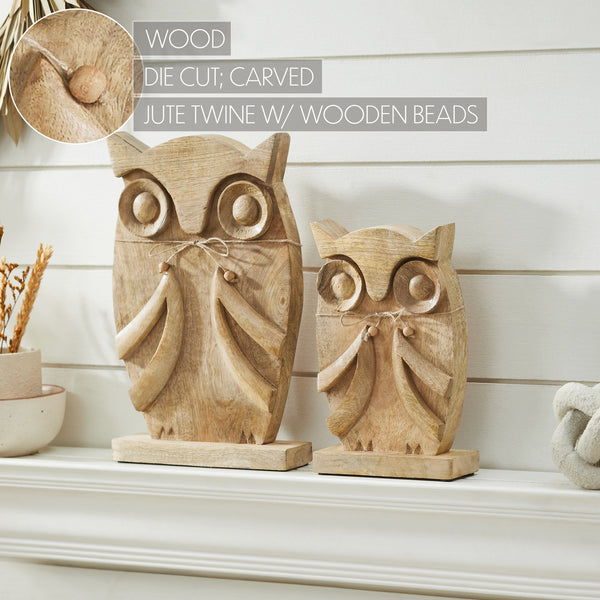 Natural Wooden Owl Decor Statues, Hand Carved Solid Wood Figurines, Set of 2 Rustic Farmhouse Home Accents (9.75 inch & 13.25 inch)