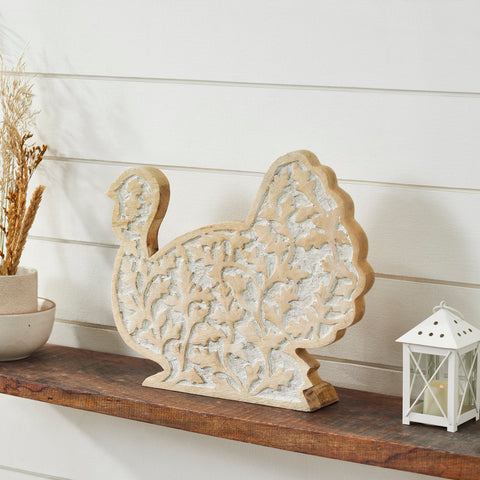 White Wash Wooden Harvest Leaf Carved Turkey 11.5x13.5x2.5