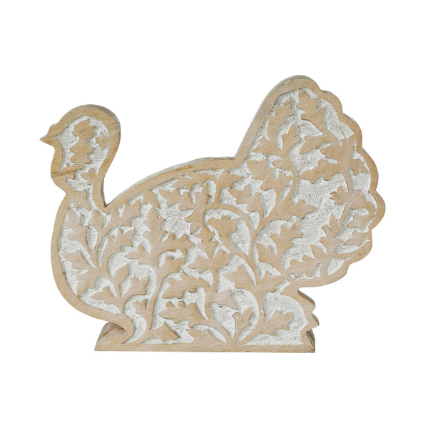 Whitewash Wooden Carved Turkey Tabletop Decor Rustic Farmhouse Harvest Fall Thanksgiving Leaf Figurine Accent 11.5 x 13.5 x 2.5 Inches