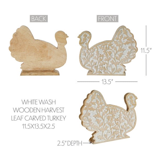 Whitewash Wooden Carved Turkey Tabletop Decor Rustic Farmhouse Harvest Fall Thanksgiving Leaf Figurine Accent 11.5 x 13.5 x 2.5 Inches