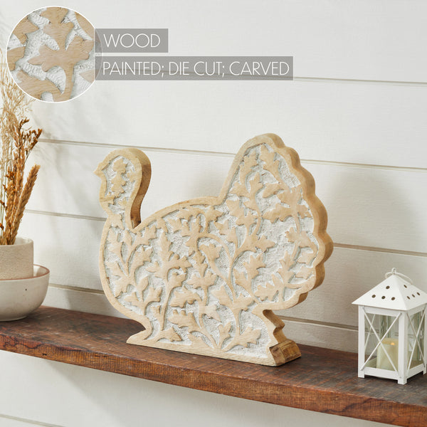 Whitewash Wooden Carved Turkey Tabletop Decor Rustic Farmhouse Harvest Fall Thanksgiving Leaf Figurine Accent 11.5 x 13.5 x 2.5 Inches