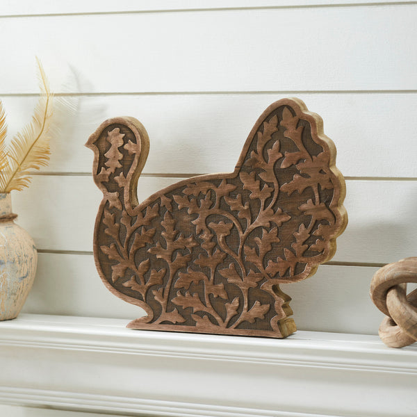 Dark Wooden Harvest Leaf Carved Turkey 11.5x13.5x2.5