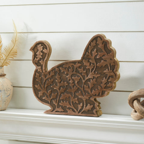 Dark Wooden Harvest Leaf Carved Turkey 11.5x13.5x2.5