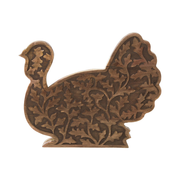 Rustic Dark Wood Carved Turkey Figurine, Autumn Fall Harvest Thanksgiving Tabletop Decor 11.5x13.5x2.5 inches