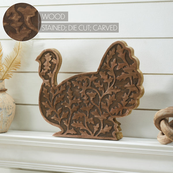 Rustic Dark Wood Carved Turkey Figurine, Autumn Fall Harvest Thanksgiving Tabletop Decor 11.5x13.5x2.5 inches