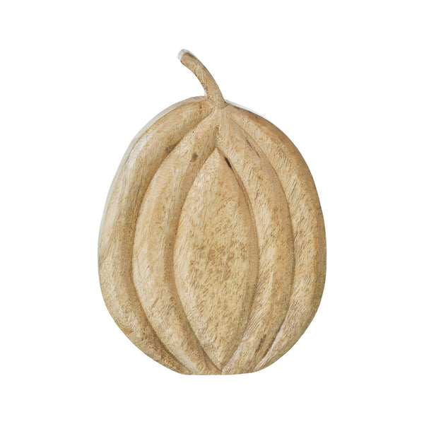 Natural Carved Wooden Pumpkin Fall Farmhouse Tabletop Decor Rustic Solid Wood Autumn Accent 10x7.25x1.5 inches