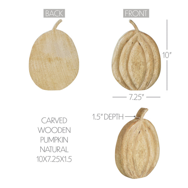 Natural Carved Wooden Pumpkin Fall Farmhouse Tabletop Decor Rustic Solid Wood Autumn Accent 10x7.25x1.5 inches