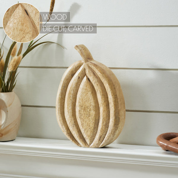 Natural Carved Wooden Pumpkin Fall Farmhouse Tabletop Decor Rustic Solid Wood Autumn Accent 10x7.25x1.5 inches