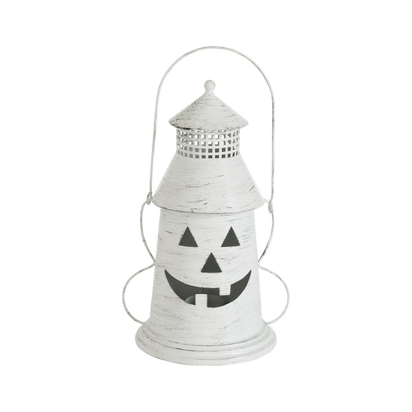 Antique White Distressed Halloween Decorative Metal Lantern Spooky Tealight Candle Holder Fall Seasonal Home Accent 12x8x6