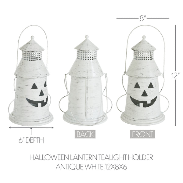 Antique White Distressed Halloween Decorative Metal Lantern Spooky Tealight Candle Holder Fall Seasonal Home Accent 12x8x6