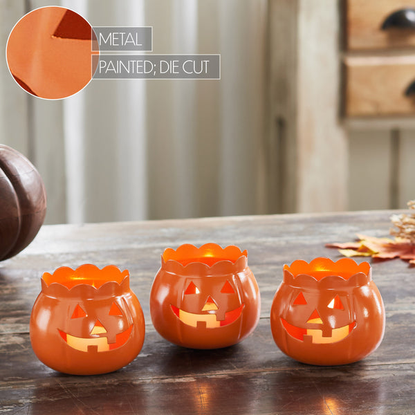 Halloween Jack O Lantern Pumpkin Votive & Tealight Candle Holders (Set of 3) Orange Fall Tabletop Decor 3.5