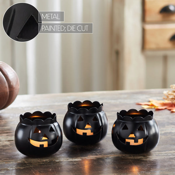 Halloween Black Jack O Lantern Candle Holder Set of 3 Spooky Pumpkin Tabletop Votive & Tea Light Decor, 3.5inch