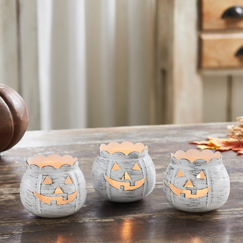 Antique White Rustic Farmhouse Jack O Lantern Votive Tealight Candle Holders, Set of 3 for Halloween Fall Autumn Tabletop Decor & Centerpieces, 3.5 Inch