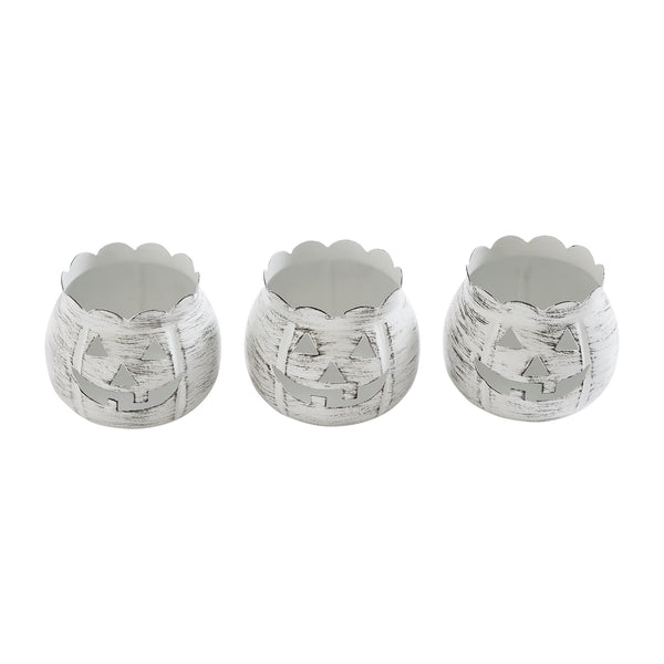 Antique White Rustic Farmhouse Jack O Lantern Votive Tealight Candle Holders, Set of 3 for Halloween Fall Autumn Tabletop Decor & Centerpieces, 3.5 Inch