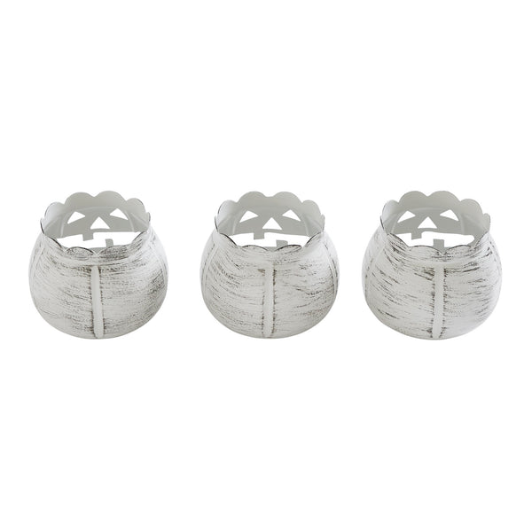 Antique White Rustic Farmhouse Jack O Lantern Votive Tealight Candle Holders, Set of 3 for Halloween Fall Autumn Tabletop Decor & Centerpieces, 3.5 Inch